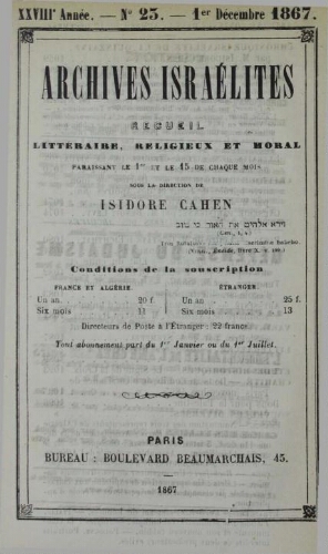 Archives israélites de France. Vol.28 N°23 (01 déc. 1867)